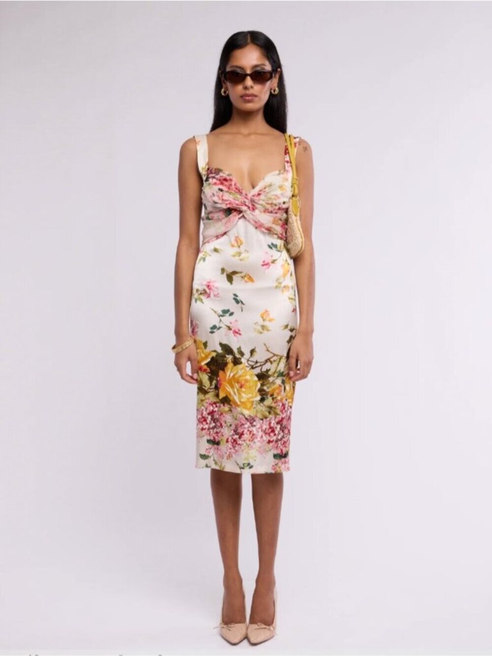 Vintage Roberto Cavalli SS05 Silk Floral Twist Bust Midi Dress Y2K IT 44
